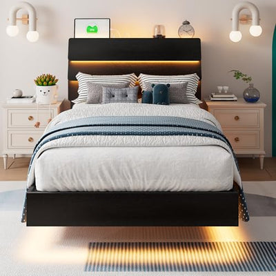 Einhomn Floating Bed Frame Twin Size with Led Headboard and Charging Station, Metal Platform Bed Base with Storage, Remote Control, Heavy Slats Support, No Box Spring Needed, Noise Free, Black