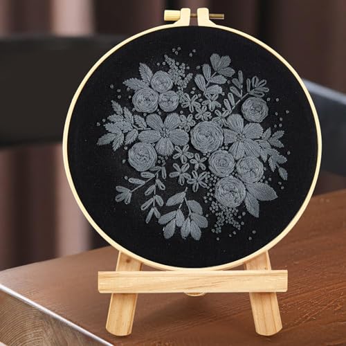 Crafmanoe Embroidery Kits for Beginners Adults, Black Flowers Embroidery Starter Kits, Counted Cross Stitch Kits for Beginners Adults Hobbies Set for Women, Embroidery Hoops, Thread and Video Tutorial