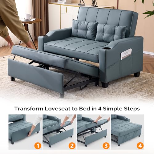 VINGLI Convertible Loveseat Sleeper, Blue Grey Faux Leather Futon Sofa Bed Pullout Couch Bed with USB Ports, Cup Holders, Armrest for Living Room, Bedroom, Home Office Apartment VINGLI