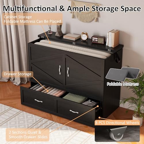 YANSNWO Full Size Murphy Bed with Storage, Farmhouse Murphy Bed Cabinet with Large Storage Drawer, Quiet Design, Foldable Platform Bed for Guest Bedroom, Home Office, Small Room, Distressed Black YANSNWO