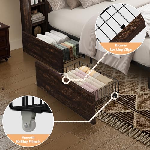AMERLIFE 45'' Farmhouse King Bed Frame with 4 Drawers, LED Bed Frame with Bookcase Headboard & Side Shelves, Wood Platform Bed with Charging Station, Walnut AMERLIFE