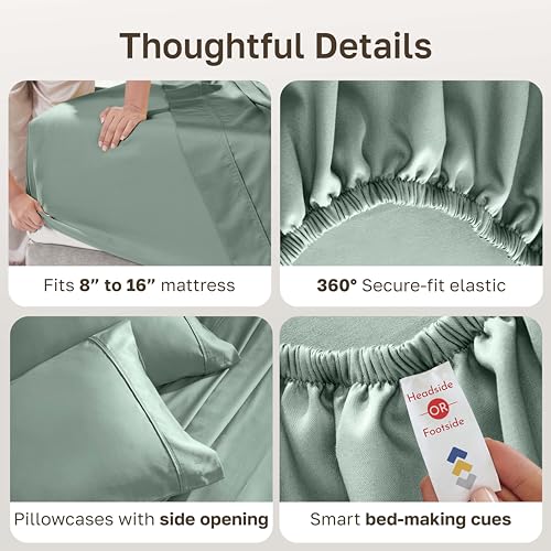 California Design Den Queen Sheet Set - Soft 400 Thread Count Sateen, Natural 100% Cotton Sheets, Deep Pockets with All Around Elastic for a Snug Fit, Durable Bedding Set - Sage Green California Design Den