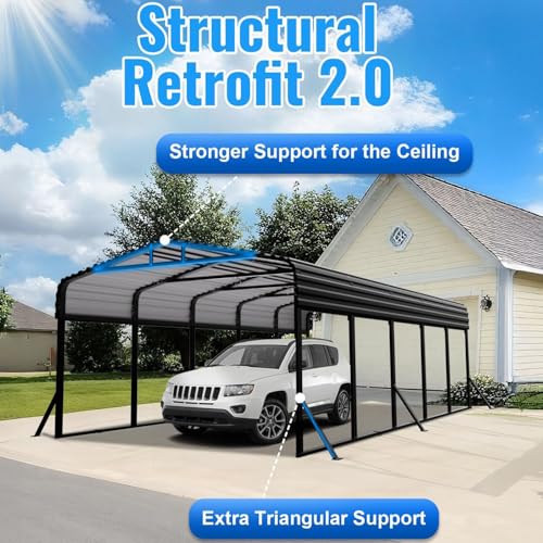 12x25FT Metal Car Port, Extended Carport 12x25 Heavy Duty with Reinforced Frame & Side Support Poles for All-Weather, Large Carport for Pickup Trucks, Boats, Cars & Tractors WUKHG