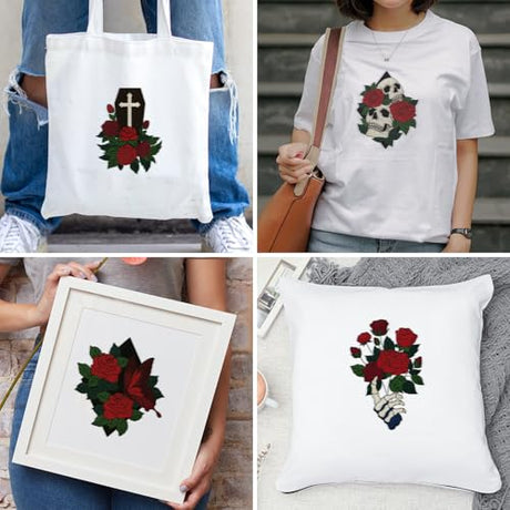 BEUNITONE 4 Set Skull Embroidery kit for Beginners Flower Starter Kits Halloween Skull with Flowers DIY Needlepoint Kit for Adults with Instruction Rose Skull Handmade Embroidery Kits for Gifts BEUNITONE