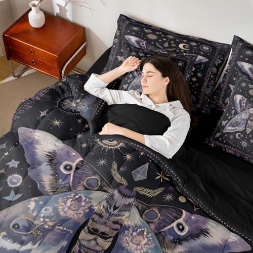 Erosebridal Black Boho Moth Comforter Set Full with Sheets,Sun Moon and Stars Bedding Set 7 Piece Gothic Bedroom Decor,Trippy Butterfly Bed in a Bag with Fitted Sheet,Flat Sheet,Pillowcases & Shams Erosebridal