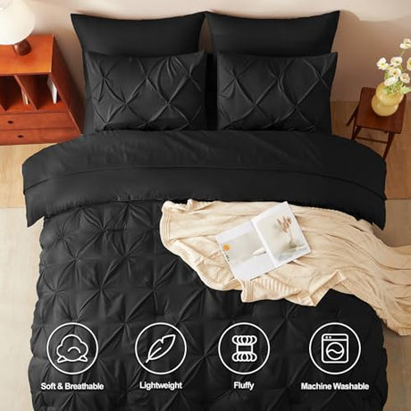 CozyLux Full Size Comforter Sets Black, 7 Pieces Pintuck Bed in A Bag Black Comforter Full Size, Pinch Pleat Bedding Sets with All Season Comforter, Sheets, Pillowcases & Shams CozyLux