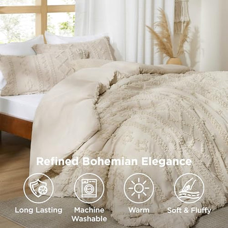 Bedsure Tufted Boho Comforter Set Full Size - Beige Boho Bed Set, GentleSoft™ 3 Pieces Farmhouse Shabby Chic Embroidery Bedding, Gifts for Woman, Soft Jacquard Full Comforter for All Seasons Bedsure