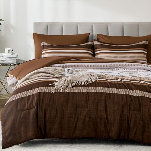 Dobuyly Brown Comforter Queen Size 7 Pieces, Boho Striped Bed in a Bag Set, Soft Microfiber Bedding Set with Comforter, Sheets, Pillowcases & Shams Dobuyly