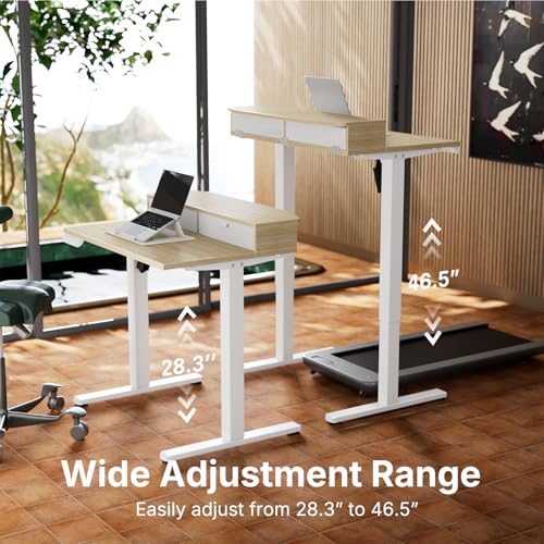HUANUO 32 x 21 inch Small Electric Standing Desk with 2 Drawers, C-Clamp Mount Compatible, Height Adjustable Sit Stand Desk, Home Office Stand Up Desk with 4 Memory Height Settings, Light Walnut HUANUO