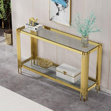 55 Inch Modern Luxury Console Table Clear Glass Sofa Table w/Gold Stainless Steel Pipe Frame, 2-Layer Narrow Table Accent Table for Living Room, Home Entayway Table Foyer Table for Entrance Hallway Henf