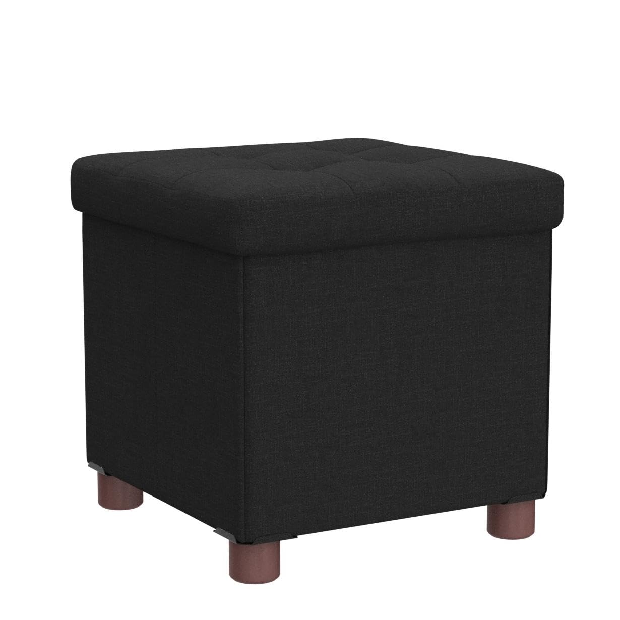 15 Inches Storage Ottoman with Wooden Legs Cube Foot Rest Stool, Square Footstool Storage, Ottoman with Storage for Living Room, Foldable Fabric Ottoman, Comfortable Seat with Lid, Space-Saving Black