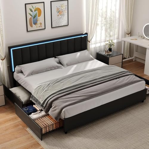 IMMERSTABLE King Size Bed Frame with 4 Storage Drawers, Upholstered Bed Frames with Headboard, RGB LED Lights, Heavy Duty Metal and Wood Slat Support, No Box Spring Needed, Easy Assembly, Black IMMERSTABLE