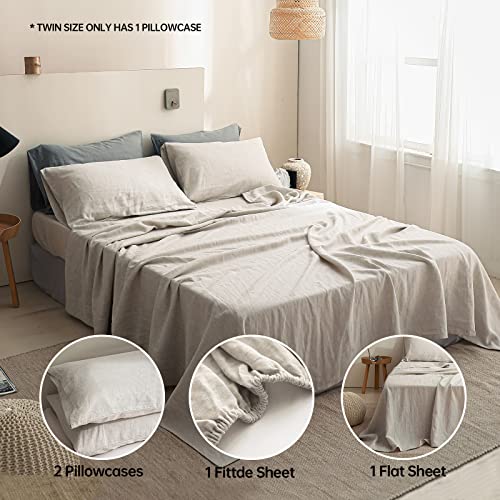 Simple&Opulence 100% Linen Sheet Set 4pcs Basic Style, Deep Pocket, Natural French Washed Flax Solid Color Soft Breathable Bed Sheets - Linen, Queen Simple&Opulence