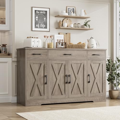 HOSTACK Buffet Sideboard Cabinet with Drawers, 55" Large Buffet Storage Cabinet with Shelves & 4 Doors, Modern Farmhouse Coffee Bar Cabinet Wood Buffet Table for Kitchen, Dining Room, Ash Gre - WoodArtSupply