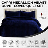 Tribeca Living Oversized Velvet Quilt Set Queen - Buttery Soft 260GSM Velvet Bedding for Luxurious Comfort - Double-Sided Capri Medallion Quilted Design in Rich Navy Blue Tribeca Living