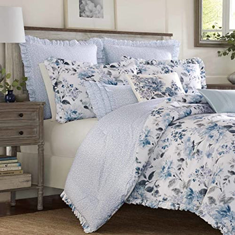 Laura Ashley Home - King Comforter Set, Reversible Cotton Bedding with Matching Shams, Stylish Home Decor for All Seasons (Chloe Blue, King) Laura Ashley