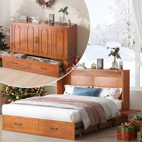 Mjkone Murphy Bed Queen Size, Cabinet Beds with Mattress, Adult Guest Bed with 2 Large Drawer and USB Port & Bedside Panel, Multifunctional Murphy Cabinet Beds for Bedroom/Living Room - Cherry Mjkone