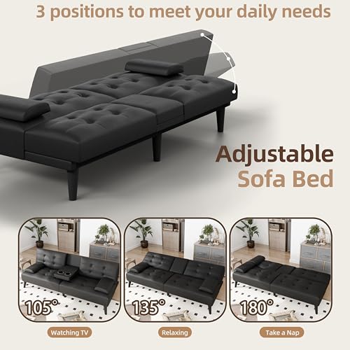 JAMFLY Futon Sofa Bed, 64" Small Futon Couch with Adjustable Backrest, 3-Angle Recliner, Detachable Armrests with Cup Holders for Small Spaces, Living Room, Apartment, Study Room (Black Leather) JAMFLY
