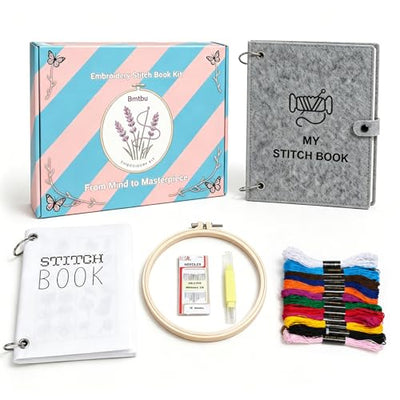 2026 Upgraded Embroidery Stitch Book Kit with 8.27"x10.65" Portable Loose-Leaf Cover, 103 Stitches & 60 Patterns, All-in-One Hand Embroidery Kit for Beginners with Tools & Step-by-Step Video Tutorials