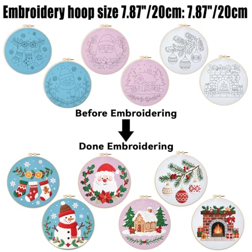 ORIGACH 6 Pcs Christmas Embroidery Kit for Beginners, Stamped Design Embroidery Starter Kit Includes Cloth, Hoops, Threads & Needles
