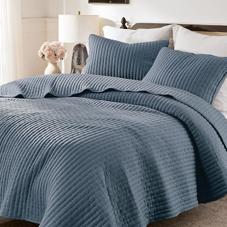 WDCOZY Blue Cross Stitch Queen Size Quilt Set, Striped Lightweight Soft Bedspread, Channel Farmhouse Rustic Coverlet, All Season Country Bedding, Thin Comforter WDCOZY