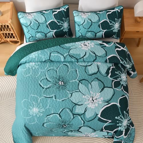 Luxudecor Floral Quilt Set King 3 Pieces Dark Green Flower Quilt Coverlet Set with 2 Pillow Cases, Lightweight Soft Microfiber Reversible Boho Bedspread for All Seasons 108"x92" Luxudecor