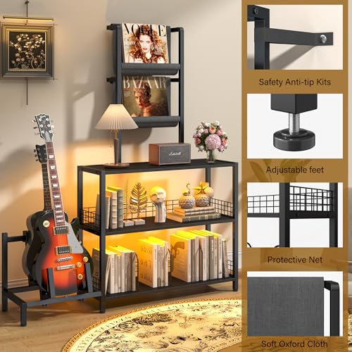 kepptory Tall Record Player Stand with LED Lights, Display Shelf Bookshelf with Guitar Stand, Floor Lamp with Shelves, Vinyl Holder and Adjustable Stand, for Living Room Bedroom(Black) kepptory