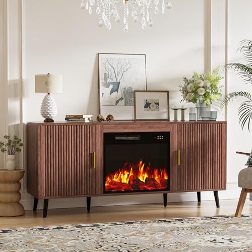 TAVATA 58" Fireplace TV Stand with 23" Fireplace Up to 65" TVs, Fluted Modern Entertainment Center with Storage Cabinet and Adjustable Shelves, Media TV Console Table for Living Room, Brown TAVATA