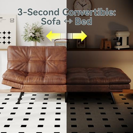 AMICLIBER Futon Sofa Bed Convertible Couch, Brown Faux Leather Sofa Bed with Memory Foam, Adjustable Backrest & Armrests, Multifunctional Small Loveseat Sleeper Sofa for Living Room, Apartment, Office AMICLIBER