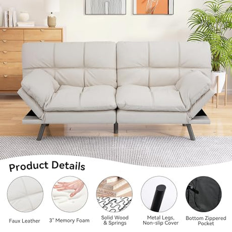 AMICLIBER Convertible Faux Leather Futon Sofa Bed,Memory Foam Futon Couch,Small Splitback Modern Folding Loveseat Sleeper Sofa Couches for Living Room,Office,Apartment,White AMICLIBER