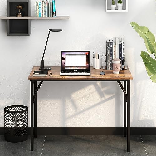 Need Folding Desk for Home Office 39-3/8 inch Length Modern Folding Table Computer Desk No Install Needed Rustic Brown Desktop Black Frame AC5FB(100 * 60) Need