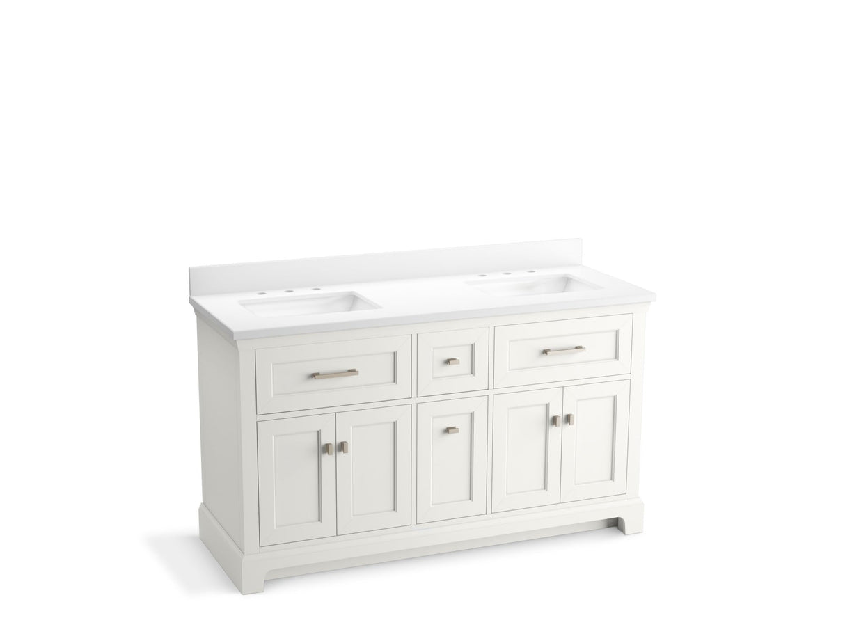 KOHLER Charlemont 60" Bathroom Vanity Cabinet with White Double Sinks and Quartz Top, Modern Bathroom Storage, White, K-29263-BD1-0 KOHLER