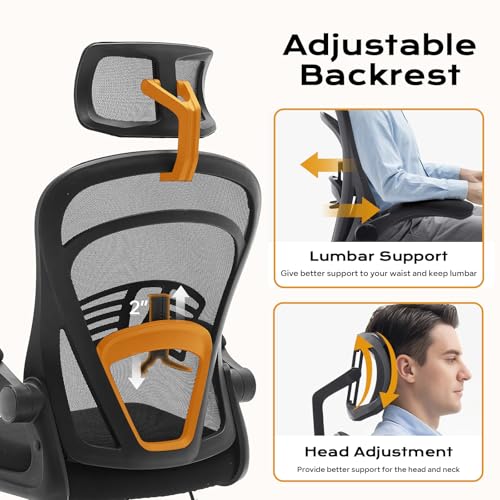Ergonomic Office Chair,Computer Desk Chair Comfy with Flip-Up Armrests,Comfortable Lumbar Support Gaming Chairs for Bedroom,Study,Student,Wide Seat,Black Garvee