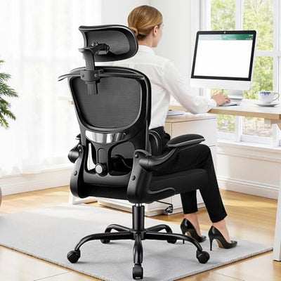 ALLGOD Ergonomic Office Chair, Mesh Desk Chair with Lumbar Support, High Back Home Office Chair with Adjustable Headrest and Flip-Up Arms, Comfortable Computer Chair, Thick Cushion, 300 LBS, Black