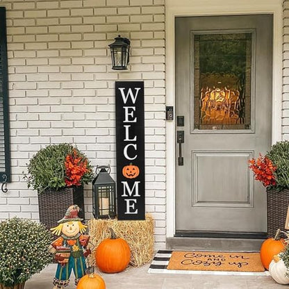 Interchangeable Welcome Sign for Front Porch- 45"X9" Large Standing/Hanging Wooden Sign with 12 PCS Replaceable Icons for Farmhouse Harvest Fall Halloween Thanksgiving Porch Wall Yard Decorations (Black)