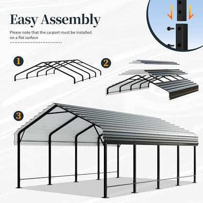 SUNLEI 12X20 FT Carport, Heavy Duty Carport Canopy with Galvanized Steel Roof and Frame, Metal Carport Upgraded Extra Large Garage for Pickup, Boat, Car and Tractors - WoodArtSupply