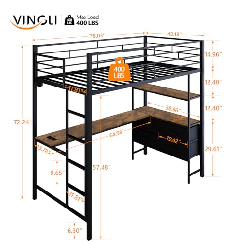VINGLI Twin Metal Loft Bed Frame with 15 Inches Safety Guardrail, Non-Slip Ladder, 2 Charging Stations, L-Shaped Desk, Storage Shelve, 4 Drawers, LED Lights, for Kids, No Box Spring Needed, Black VINGLI