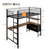 VINGLI Twin Metal Loft Bed Frame with 15 Inches Safety Guardrail, Non-Slip Ladder, 2 Charging Stations, L-Shaped Desk, Storage Shelve, 4 Drawers, LED Lights, for Kids, No Box Spring Needed, Black VINGLI
