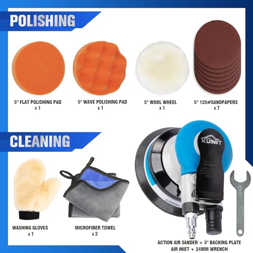 KUIMIT 5 Inches Air Random Orbital Sander, Pneumatic Palm Car Sanders For Wood Polisher Metal,And Auto Body Work, Da Sanders, Dual-action Sander KUIMIT