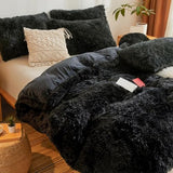 Besfunny Fluffy Faux Fur Black Comforter Cover Queen Set – Plush Fluffy Black Bedding 3-Piece Set (1 Duvet Cover + 2 Furry Pillow Shams) Cozy Bed Set Besfunny