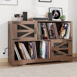 VAXZOFI Large Record Player Stand with Vinyl Storage, 500+ Vinyl Record Storage Cabinet, 47 Inch Record Player Table with Power Outlet, Farmhouse Wooden Turntable Stand for Living Room, Walnut VAXZOFI