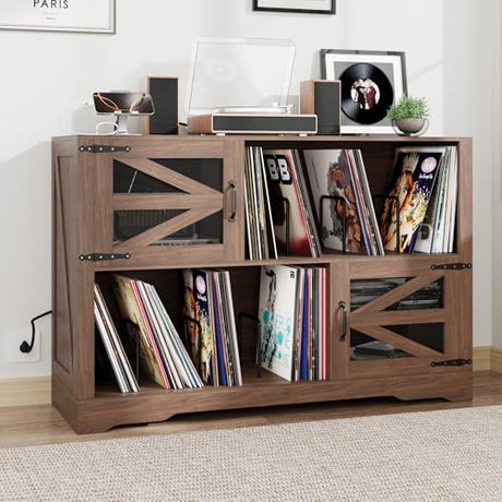 VAXZOFI Large Record Player Stand with Vinyl Storage, 500+ Vinyl Record Storage Cabinet, 47 Inch Record Player Table with Power Outlet, Farmhouse Wooden Turntable Stand for Living Room, Walnut VAXZOFI