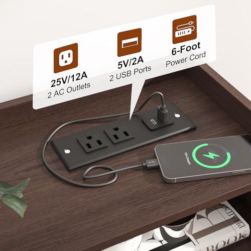 SOLACE FURNITURE Nightstand with Charging Station, 21" Tall Nightstand w/2 Storage Drawers, Wood Night Stand with Hidden Handle, 17'' Wide Modern Bedside Table for Bedroom, Brown SOLACE FURNITURE