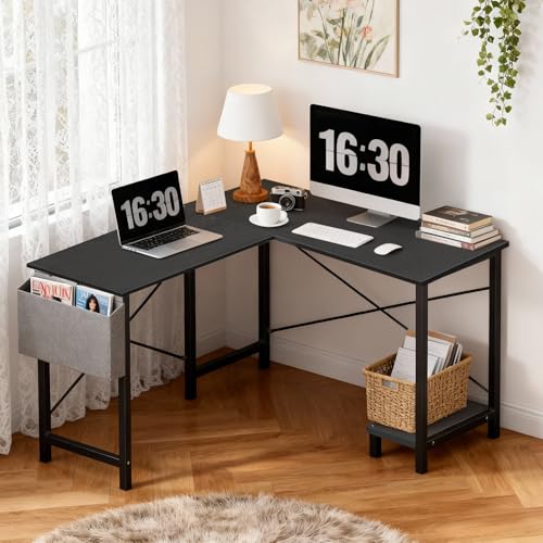 OLIXIS L Shaped Desk, 50-Inch Office Computer Gaming Desks Corner PC Table with Side Bag and Reversible Shelf for Home Work Study Writing Black OLIXIS