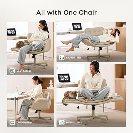 amseatec Criss Cross Chair with Armrests & Wheels, PU Leather Vanity Chair, Comfortable Adjustable Swivel Computer Office Desk Chairs for Home, Make Up, Bed Room (Cream) amseatec