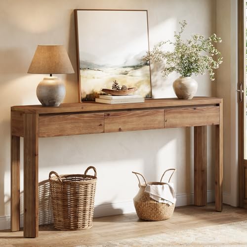 TRIBEWOOD Solid Wood Console Table with 3 Drawers, 63" Long Entryway Table with Rounded Corners, Narrow Sofa Table Behind Couch, Farmhouse Accent Table for Entrance, Hallway, Living Room, Rustic Brown TRIBEWOOD