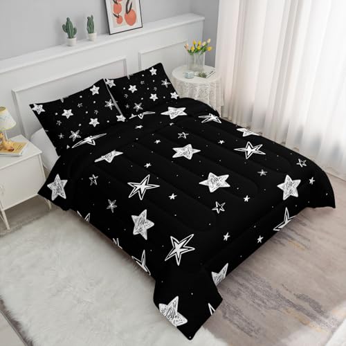 Smell Sunshine Black and White Stars Comforter Set Starry Printed Bedding Set with 1 Comforter and 2 Pillowcases for Boys and Girls Bedroom All Season(Stars Twin) Smell Sunshine