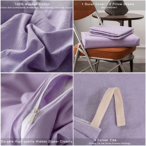 Janlive Washed Cotton Duvet Cover Full Ultra Soft 100% Cotton Solid Color Lavender Purple Duvet Cover Set with Zipper Closure -3 Pieces Purple Full Janlive