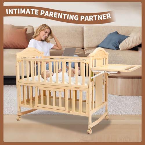 Flwrgirl Mini Baby Cribs 4-in-1 Convertible - Cunas para Bebes with Changing Shelf and Mattress Included,2024 Wood Baby Bassinets Bedside Crib Sleeper,Unpainted - WoodArtSupply