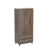 Hitow Wardrobe Armoire Closet with 2 Doors, Wardrobe Cabinet with 2 Drawers & Hanging Rod, Bedroom Armoire Clothes Organizer with Gold Handles, Type B Brown (31.5" W x 19.1" D x 65.1" H) Hitow